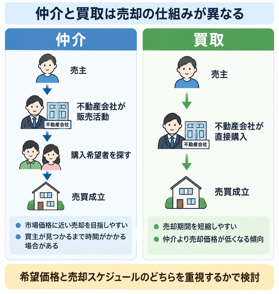 仲介と買取の売却方法を、価格・期間・売買成立までの流れで比較した図解